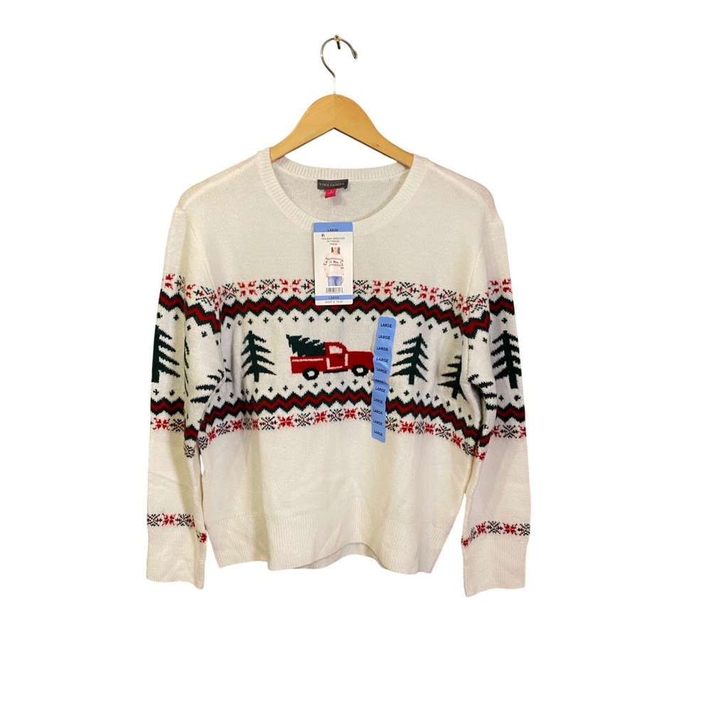Vince Camuto Womens Cream Holiday Sweater Red Truck Fair Isle SV7765200 L NWT